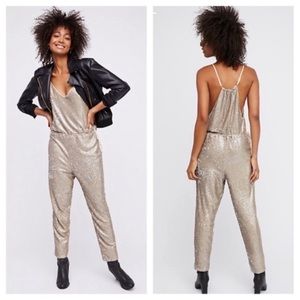 Free People Silver Sequin Jogger Jumpsuit